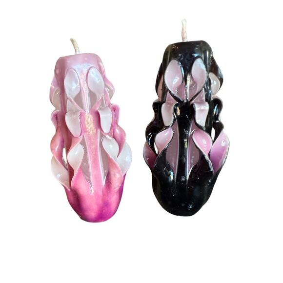 None Other - Set of 2 Vintage Handmade Carved Ribbon Cut & Curl Candles Pink Black White 1970